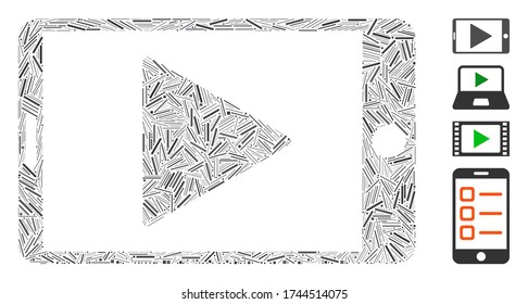 Hatch mosaic mobile start play icon composed of thin elements in various sizes and color hues. Irregular hatch items are composed into abstract vector mosaic mobile start play icon.