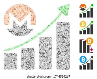 Icono de gráfico de crecimiento de mosaico de trama Monero unido a partir de elementos estrechos en varios tamaños y tonos de color. Los elementos de rayado irregular se agrupan en la ilustración vectorial abstracta del icono de la gráfica de crecimiento de Monero.