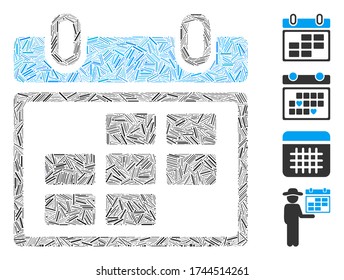 Hatch mosaic month calendar icon designed from narrow elements in random sizes and color hues. Line elements are composed into abstract vector mosaic month calendar icon. Bonus pictograms are added.