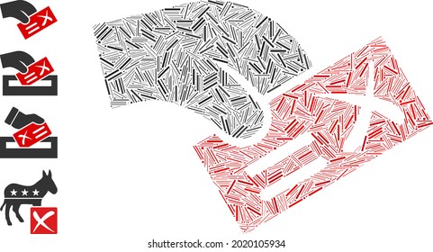 Hatch mosaic negative vote icon composed of straight elements in random sizes and color hues. Irregular hatch parts are composed into abstract vector mosaic negative vote icon. Bonus icons are added.