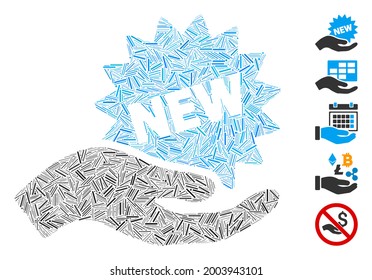 Hatch mosaic new offer hand icon organized from narrow items in different sizes and color hues. Vector linear items are organized into abstract composition new offer hand icon. Bonus icons are placed.