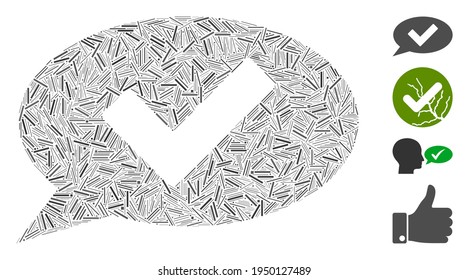 Hatch mosaic OK message icon composed of narrow items in variable sizes and color hues. Irregular hatch items are organized into abstract vector illustration OK message icon.