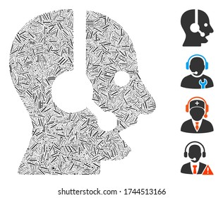 Hatch mosaic operator icon organized from straight elements in different sizes and color hues. Irregular hatch elements are organized into abstract vector illustration operator icon.