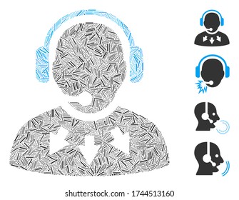 Hatch mosaic operator message icon composed of narrow elements in random sizes and color hues. Linear elements are united into abstract vector mosaic operator message icon. Bonus icons are placed.