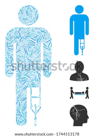 Hatch mosaic patient man icon united from straight elements in different sizes and color hues. Linear elements are united into abstract vector illustration patient man icon. Bonus icons are placed.