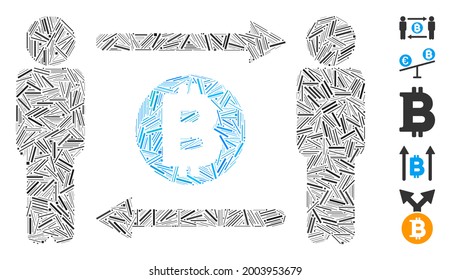 Hatch mosaic persons exchange Bitcoin icon constructed from straight elements in different sizes and color hues.