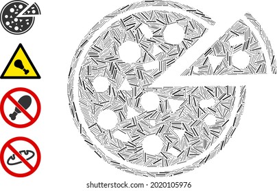 Hatch mosaic pizza icon composed of straight elements in different sizes and color hues. Line items are composed into abstract vector mosaic pizza icon. Bonus icons are placed.