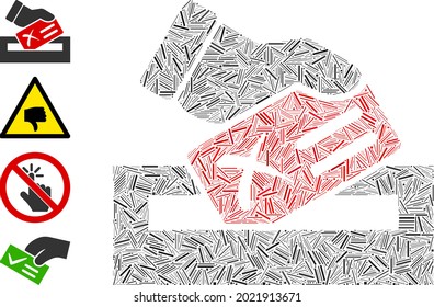 Icono de voto de protesta de mosaico de escotilla diseñado a partir de ítems estrechos en tamaños aleatorios y tonos de color. Los elementos de escotilla irregular se unen en el ícono abstracto del voto de protesta de mosaico vectorial. Se agregan iconos de bonificación.