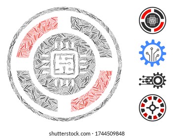 Hatch mosaic roulette processor icon constructed from narrow items in various sizes and color hues. Line items are combined into abstract vector mosaic roulette processor icon. Bonus icons are added.