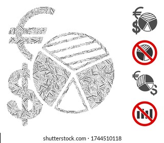 Hatch mosaic sales pie chart icon united from narrow elements in random sizes and color hues. Linear elements are arranged into abstract vector illustration sales pie chart icon.