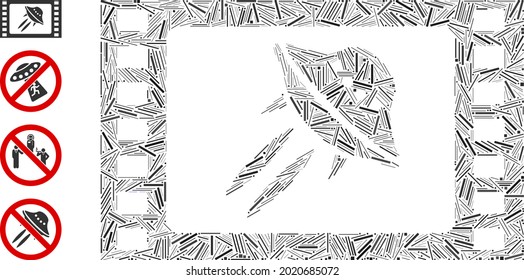 Hatch mosaic sci-fi movie icon composed of straight elements in variable sizes and color hues. Irregular hatch elements are combined into abstract vector mosaic sci-fi movie icon.