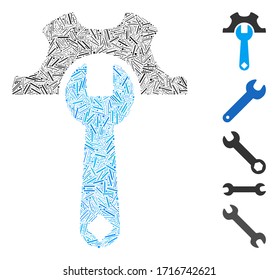 Hatch mosaic service tools icon united from narrow items in different sizes and color hues. Vector hatch elements are combined into abstract mosaic service tools icon. Bonus icons are added.