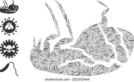 Hatch mosaic sick flea icon composed of straight elements in various sizes and color hues. Irregular hatch elements are organized into abstract vector mosaic sick flea icon. Bonus icons are added.