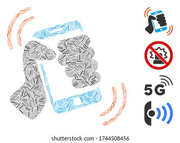 Hatch mosaic smartphone ring icon united from thin items in random sizes and color hues. Linear items are united into abstract vector illustration smartphone ring icon. Bonus pictograms are placed.