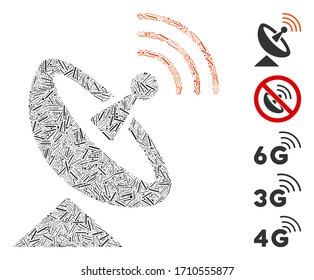 Icono de antena de espacio en mosaico diseñado a partir de elementos rectos en varios tamaños y tonos de color. Las piezas del portón vectorial se componen en un icono abstracto de la antena del espacio en mosaico. Se agregan iconos de bonificación.
