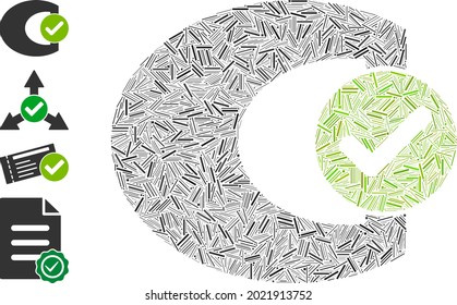 Hatch mosaic standard check icon designed from narrow elements in various sizes and color hues. Irregular hatch elements are united into abstract vector illustration standard check icon.