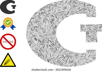Hatch mosaic standard icon composed of thin items in different sizes and color hues. Lines items are composed into abstract vector collage standard icon. Bonus icons are added.