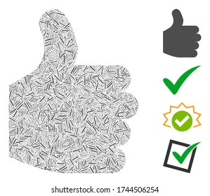 Hatch mosaic thumb up icon designed from narrow elements in random sizes and color hues. Irregular hatch items are organized into abstract vector mosaic thumb up icon. Bonus icons are placed.