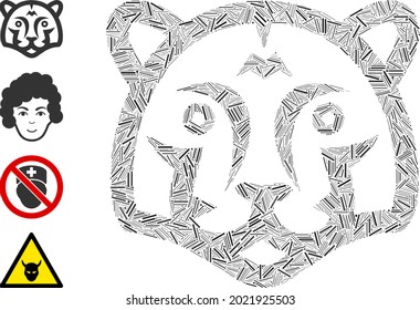Hatch mosaic tiger head icon designed from narrow items in variable sizes and color hues. Irregular hatch items are combined into abstract vector composition tiger head icon.