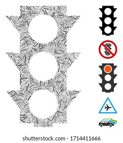 Hatch mosaic Ampeln Symbol aus schmalen Elementen in unterschiedlichen Größen und Farbtönen organisiert. Vektorillustration-Zeilenelemente werden in ein abstraktes Mosaiksymbol gruppiert. Bonussymbole werden hinzugefügt.