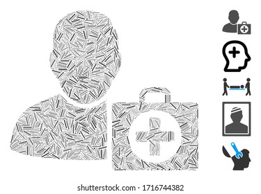 Hatch mosaic user first aid icon organized from narrow elements in variable sizes and color hues. Vector hatch parts are organized into abstract mosaic user first aid icon. Bonus icons are placed.