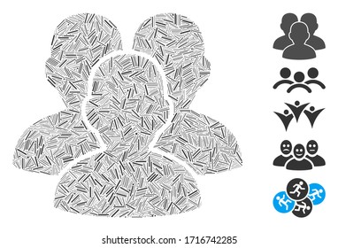 Icono de grupo de usuarios de mosaicos de rayas organizadas a partir de elementos rectos en varios tamaños y tonos de color. Los elementos de rayado vectorial se organizan en un icono de grupo de usuarios de composición abstracta. Se añaden pictogramas bonificados.
