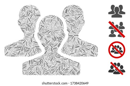 Hatch mosaic users icon constructed from narrow elements in different sizes and color hues. Line elements are grouped into abstract vector mosaic users icon. Bonus icons are added.