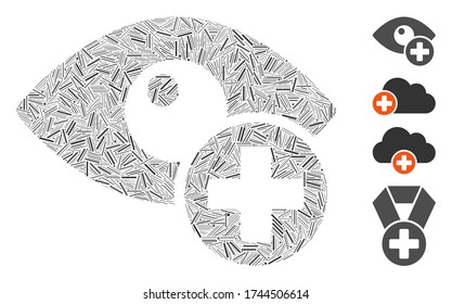 Hatch mosaic vision medical cross icon organized from narrow elements in various sizes and color hues. Irregular hatch elements are arranged into abstract vector mosaic vision medical cross icon.