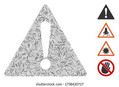 Hatch mosaic warning icon designed from thin items in variable sizes and color hues. Irregular hatch items are composed into abstract vector illustration warning icon. Bonus pictograms are placed.