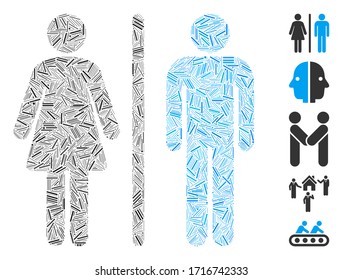 Hatch mosaic WC Personen Symbol bestehend aus schmalen Gegenständen in verschiedenen Größen und Farbtönen. Vektorillustration-Linien sind in abstrakte Mosaik WC Personen Symbol angeordnet. Bonussymbole werden hinzugefügt.