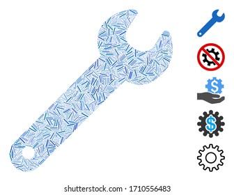 Hatch mosaic wrench icon organized from thin items in variable sizes and color hues. Vector hatch items are united into abstract composition wrench icon. Bonus pictograms are added.