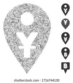 Hatch mosaic yuan Karte Marker Symbol aus schmalen Artikeln in verschiedenen Größen und Farben. Vektorillustration Luke Elemente sind in abstraktes Mosaik yuan Karte Marker Symbol. Bonuspiktogramme werden platziert.