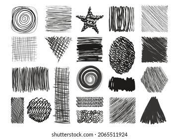 Hatch scribble shapes. Hand drawn pencil line, cross hatching brush stroke, doodle ink pen scribble shapes. Vector stroke shapes set