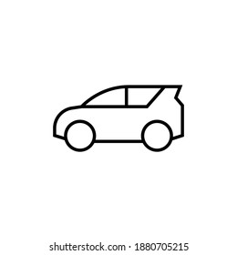 icono del coche del hatback en línea plana negra, aislado en fondo blanco