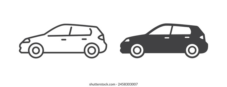 Hatchback car icons in line and solid styles, flat vector pictograms. Black and white representations of economical vehicles, ideal for city driving.