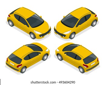 Hatchback car. Isometric vector illustration. The set of objects isolated against the write background and shown from different sides.