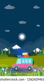 Hatchback Car with Luggage on Roof Driving by Road on Nighty Landscape Background with Mountains, Lake and Fir Trees at Summer Time. Family Traveling. Voyage. Trip. Cartoon Flat Vector Illustration.