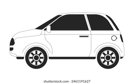 Modelo de coche Hatchback blanco y negro 2D línea de dibujos animados objeto. Cómodo automóvil familiar. Elemento de contorno de Vector autoaislado de conducción. Ilustración monocromática de punto plano de transporte de dos puertas