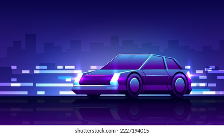 A hatchback car rides on the road side view. Nightlife horizontal illustration.