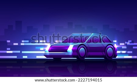 A hatchback car rides on the road side view. Nightlife horizontal illustration.
