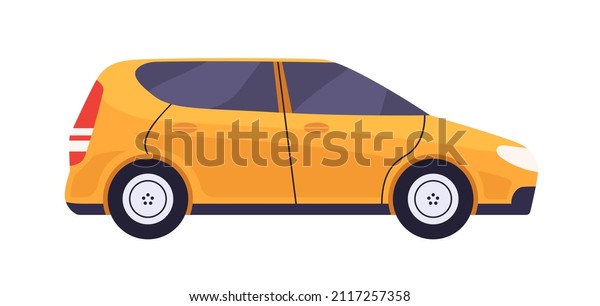 Hatchback car\
side view. Auto vehicle profile. Road wheel transport. New\
automobile model with hatch body type. Colored flat cartoon vector\
illustration isolated on white\
background