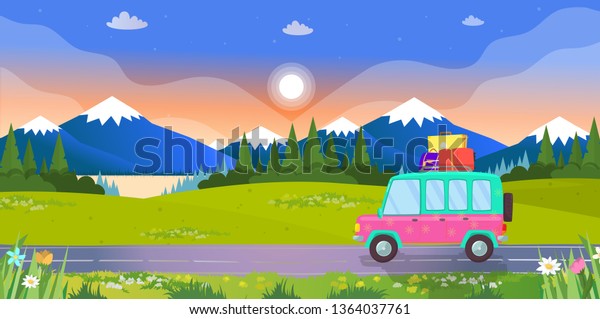 Hatchback Car with Suitcases on Roof Driving\
by Road on Colorful Landscape Background with Mountains, Lake and\
Forest in Sunset or Sunrise Summertime. Family Traveling Cartoon\
Flat Vector\
Illustration