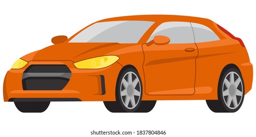 Hatchback car three quarter view. Orange automobile in cartoon style.