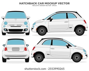 Hatchback Car Vector - Mini Realistic Car mockup for car branding on White background. With Side, Front, Rear Views.