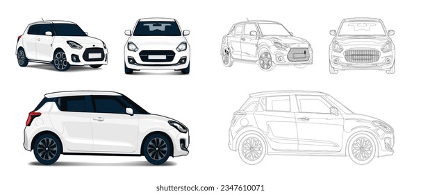 Hatchback Car vector sketch and  template on white background.Modern Vehicle branding mockup. Side, front and back, top view all elements in the groups on separate layers.