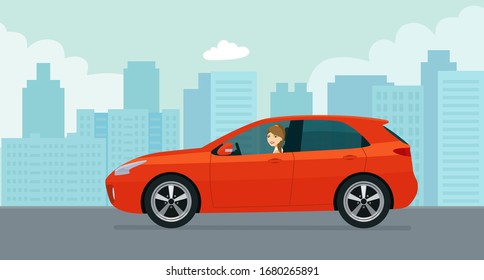 Hatchback car with a young woman driving on a background of abstract cityscape. Vector flat style illustration.