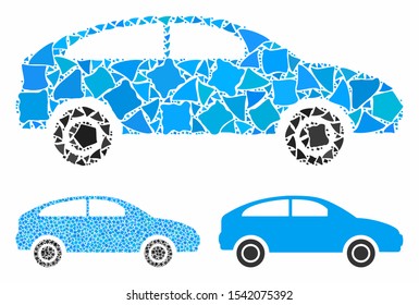 Hatchback composition of humpy elements in various sizes and color tints, based on hatchback icon. Vector humpy elements are grouped into illustration. Hatchback icons collage with dotted pattern.