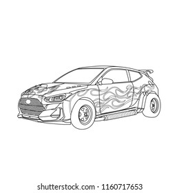 Hatchback with flame sketch and exhaust pipe on its body. Color it as you wish! Sharp and muscular looking hatchback.