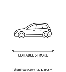 Lineares Hatchback-Symbol Billiger Sportwagen. Auto mit Zweifach-Design. Zugang zum Frachtbereich. Dünne, anpassbare Illustration. Contour-Symbol. Vektor-einzelne Rahmenzeichnung. Bearbeitbarer Hub