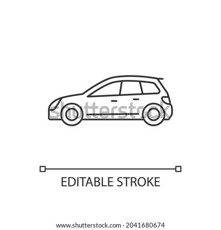 Hatchback linear icon. Cheap sports car. Auto with two-box design. Access to cargo area. Thin line customizable illustration. Contour symbol. Vector isolated outline drawing. Editable stroke